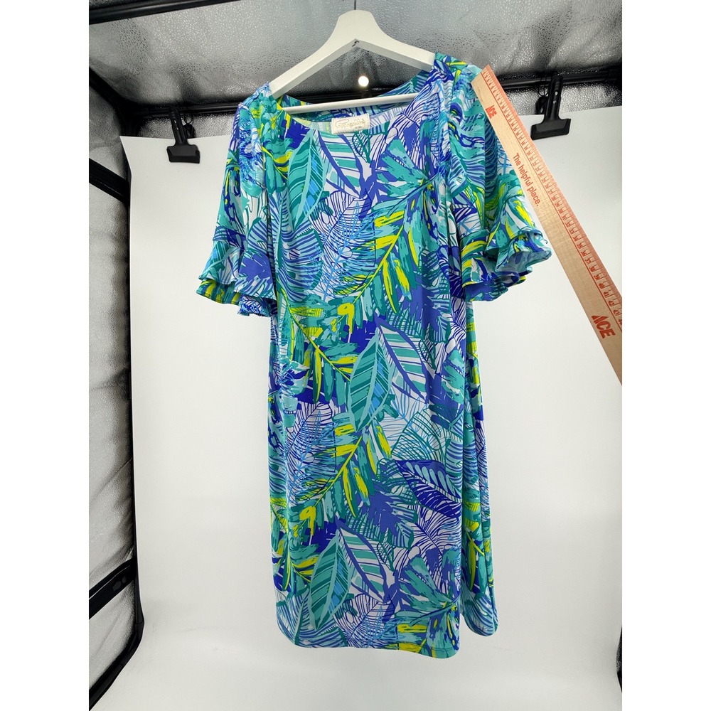 Pappagallo Tropical Palm Leaf Ruffle Sleeve Shift Dress Blue Green Yellow Med